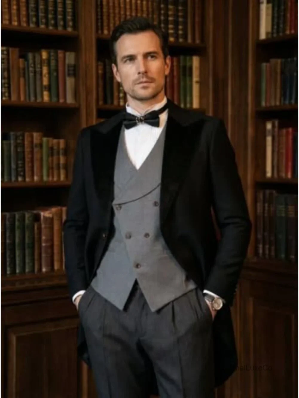 Men's 3 Piece Slim Fit Tuxedo Suit with Velvet Collar, Double Breasted Vest,